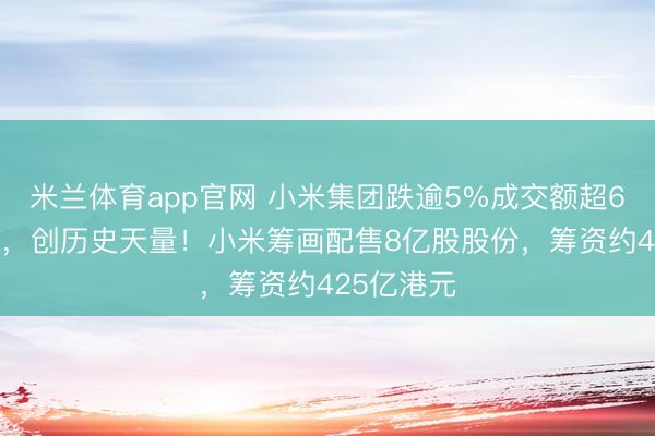 米兰体育app官网 小米集团跌逾5%成交额超620亿港元，创历史天量！小米筹画配售8亿股股份，筹资约425亿港元